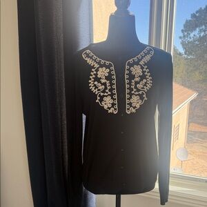 august silk Black Button-Front Top with White Embroidery